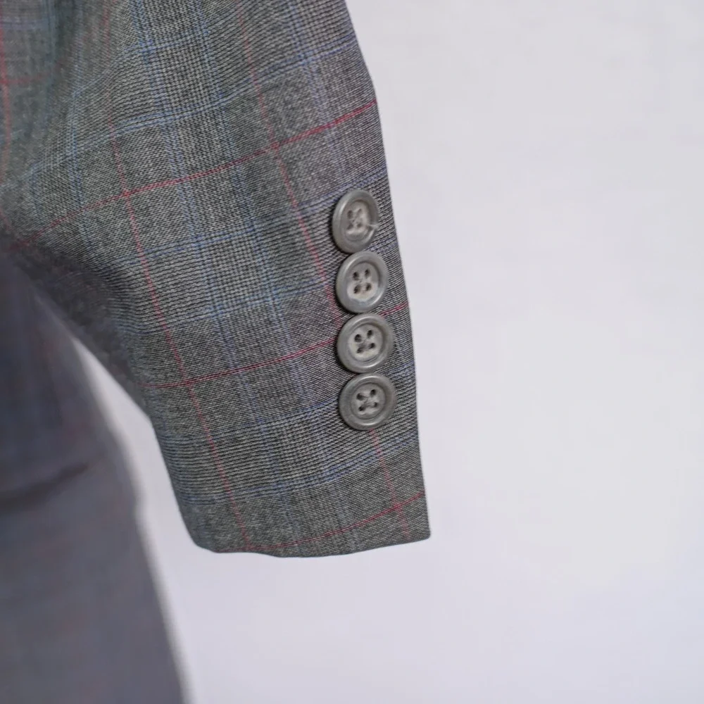 Hart‎ Schaffner Marx Gold Trumpeter Gray Wool Plaid W/ Red Blue Windowpane 40R
